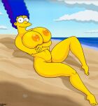 1girl areola arms_crossed beach big_breasts blue_hair breasts curvy hips huge_breasts leg_lift long_hair looking_at_viewer marge_simpson milf mrbooblover navel nipples nude outside pussy relaxing sexy sitting skin slut stomach the_simpsons thick thick_thighs yellow_skin