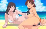 aoi_minamo armpit ass beach big_breasts bikini black_eyes black_hair bracelet breasts brown_eyes brown_hair glasses hair highres holon jewelry large_breasts lipstick long_hair lying milf minamo_aoi multiple_girls plump rd_sennou_chousashitsu real_drive short_hair swimsuit thick_thighs