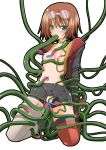 1girl belly blush breasts brown_hair choker flat_chest goggles green_eyes hair kneeling midriff navel navel_insertion nipples no_bra open_clothes open_shirt oral rape rita_mordio shirt short_hair shorts small_breasts solo_focus tales_of_(series) tales_of_vesperia tentacle tentacles thighhighs vaginal valssu