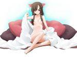 1girl bad_id bad_pixiv_id barefoot bow brown_eyes brown_hair feet flat_chest hair_bow hakurei_reimu highres long_hair nipples nude pillow red_bow reimu_hakurei sakuraba_yuuki sitting solo touhou undressing