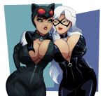 1girl 2018 2_girls 5_fingers anti_hero batman_(series) big_breasts black_bodysuit black_cat_(marvel) black_hair blue_eyes bodysuit breast_grab breasts bust catwoman caucasian caucasian_female cleavage clothed_female comic_book_character crossover curvy dc_comics domino_mask duo felicia_hardy female_only goggles goggles_on_head hair huge_breasts human human_only light-skinned_female lipstick long_hair makeup marvel marvel_comics mask mature_female ravenravenraven red_lipstick selina_kyle shiny_suit skin_tight skintight_bodysuit smile spider-man_(series) thick_thighs white_hair wide_hips yuri zipper_pull_tab