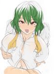 1boy 1girl breast_hold breast_squeeze breasts bursting_breasts cum cum_on_body cum_on_breasts cum_on_upper_body ejaculation green_hair huge_breasts kazami_yuuka kloah paizuri paizuri_under_clothes penis red_eyes shirt short_hair simple_background sketch tongue touhou uncensored white_background