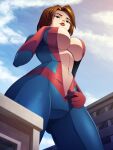  1girl alternate_costume avengers big_breasts blue_eyes bodysuit brown_hair cosplay giant-girl_(marvel) giant_breasts giantess gloves janet_van_dyne macro marvel marvel_adventures:_the_avengers mature_female ravenravenraven short_hair smile superheroine taller_girl thick_thighs unzipped_bodysuit 