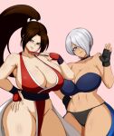 2_girls angel_(kof) big_breasts blue_eyes bra breasts brown_eyes brown_hair cleavage clothed_female darwaarts dead_or_alive dress female_focus female_only high_res king_of_fighters long_hair looking_at_viewer mai_shiranui mature mature_female panties short_hair thick_thighs thighs thunder_thighs video_game_character video_game_franchise white_hair wide_hips