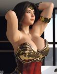 1girl 1girl 1girl 3d armpit_fetish armpits arms_behind_head big_breasts black_hair blush breasts cleavage dc_comics female_only high_res rude_frog superheroine wonder_woman wonder_woman_(series)