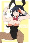 1girl 1girl animal_ears areola black_ears black_hair black_leotard blue_eyes blush breasts bunny_ears bunny_tail bunnysuit cuffs english english_text fake_tail fishnet_legwear fishnet_pantyhose fishnets high_resolution kill_la_kill legitimate_variation leotard matoi_ryuuko medium_breasts multicolored_hair nipples one_eye_closed pantyhose red_hair scott_malin streaked_hair tail text tongue tongue_out very_high_resolution yellow_background