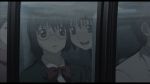 1boy 3girls bowtie brown_eyes brown_hair confused glasses hair ibara_no_ou inside kasumi_ishiki king_of_thorn king_of_thorn_(anime) multiple_girls open_mouth school_uniform shizuku_ishiki short_hair siblings sisters smile twins vehicle window