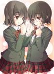 2_girls blush bowtie brown_eyes brown_hair clenched_teeth eye_contact female glasses hand_holding hand_on_neck hugging ibara_no_ou incest kasumi_ishiki king_of_thorn king_of_thorn_(anime) looking_at_another multiple_girls school_uniform shizuku_ishiki short_hair shy siblings sisters skirt smile standing teeth twincest twins yuri