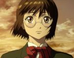 1girl blush bowtie brown_eyes brown_hair cloud female glasses ibara_no_ou kasumi_ishiki king_of_thorn king_of_thorn_(anime) lips sad school_uniform short_hair sky solo sunset twilight