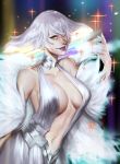  1girl bad_id breasts choker cleavage dress flipped_hair fur_trim highres kill_la_kill kiryuuin_ragyo lipstick makeup milf multicolored_hair qoo_(770611) ragyo_kiryuuin rainbow_hair realistic red_eyes short_hair signature smile solo white_hair 