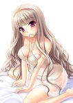  1girl alluring arm_support babydoll barefoot blush breasts cleavage hair_in_mouth hands headband idolmaster kirin_kakeru long_hair looking_at_viewer red_eyes shijou_takane shiny shiny_skin sitting voluptuous wariza 