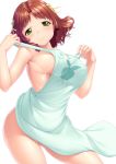  1girl ano_natsu_de_matteru apron breasts brown_hair erect_nipples green_eyes hair_ribbon kirin_kakeru kitahara_mio large_breasts naked_apron ribbon short_hair simple_background smile solo white_background 