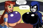  2_girls 2girls breast_expansion breasts cartoon_network dc_comics huge_breasts hyperflannel koriand&#039;r multiple_girls rachel_roth raven_(dc) starfire teen_titans warner_brothers 