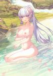 bathing big_breasts breasts casual_nudity completely_nude detailed_background genshin_impact green_eyes high_resolution kamisato_ayaka large_filesize looking_at_viewer nipples nude outdoor_bathing outdoor_nudity outside river sitting skinny_dipping very_high_resolution white_hair