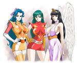  3_girls 3girls angel angel_wings arm armpits arms arms_behind_back bed belt big_breasts black_eyes black_hair blue_eyes blue_hair bodysuit breasts chizuru_nanbara choker choudenji_machine_voltes_v choudenji_robo_combattler_v combattler_v contrapposto covered_nipples crown daimos dress elbow_gloves erect_nipples erika_(daimos) feathered_wings female gloves green_eyes green_hair hand_on_hip hime_cut large_breasts long_hair megumi_oka multiple_girls nanbara_chizuru oka_megumi sabachiyo_land side_slit sideboob skin_tight sleeveless sleeveless_turtleneck smile standing stockings thighhighs turtleneck uniform voltes_v white_wings wings 