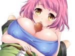 1girl bare_shoulders belt blush breast_hold breasts censored covered_nipples erect_nipples highres huge_breasts looking_at_viewer lying open_mouth paizuri penis pink_hair saboten short_hair simple_background transparent_background yellow_eyes