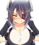 1girl black_hair blush breasts cleavage eyepatch fingerless_gloves gloves grin headgear huge_breasts kantai_collection large_breasts looking_at_viewer paizuri paizuri_under_clothes personification short_hair smile solo tenryuu_(kantai_collection) tori_(minamopa) yellow_eyes