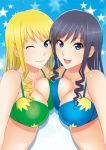  2_girls 2girls amagami asymmetrical_docking big_breasts bikini_top black_hair blonde_hair blue_eyes breast_press breasts bust cleavage cousins curly_hair female happy kishida-shiki large_breasts long_hair looking_at_viewer morishima_haruka morishima_jessica multiple_girls one_eye_closed open_mouth smile star symmetrical_docking upper_body wink 