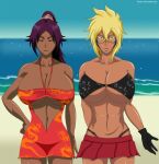  beach bikini bleach blonde_hair ecchi-enzo_(artist) gigantic_ass gigantic_breasts green_eyes hourglass_figure milf ocean purple_hair rtenzo_(artist) sexy sexy_ass sexy_body sexy_breasts shihouin_yoruichi take_your_pick tattoo tia_harribel yoruichi_shihouin yuri 