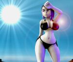 1girl 1girl 1girl 3d 3d_(artwork) beach beautyraven big_breasts big_breasts bikini bikini_bottom bikini_top black_bikini black_swimsuit breasts cambion dc_comics dc_comics demon demon_girl eyelashes female_focus female_only forehead_jewel grey_skin hair half_demon hourglass_figure jewel large_ass legs purple_eyes purple_hair rachel_roth raven_(dc) short_hair superhero superheroine swimsuit teen_titans thick thick_thighs thighs upper_body voluptuous wide_hips