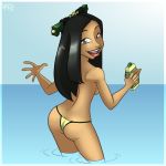  ass avatar:_the_last_airbender bikini black_hair breasts brown_eyes dark_skin hellahellastyle joo_dee long_hair looking_back ocean shiny shiny_skin smile solo thong topless water 