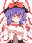  1girl blush bow breasts covered_nipples cum erect_nipples frills hat nagae_iku paizuri paizuri_under_clothes penis purple_hair red_eyes ribbon ry shawl short_hair solo_focus touhou uncensored 