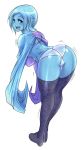 1girl alternate_breast_size alternate_legwear ass ass_shake bent_over black_legwear blue_eyes blue_hair blue_skin bra_strap breasts cape fi from_behind hanging_breasts happy huge_ass large_breasts legwear looking_back maniacpaint nintendo no_arms open_mouth panties shiny shiny_skin skyward_sword smile solo stockings the_legend_of_zelda the_legend_of_zelda:_skyward_sword thick_thighs thighhighs thighs underwear white_panties