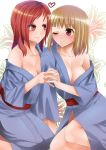  2girls arm arm_support arms artist_request bare_shoulders big_breasts blonde_hair blush breasts cleavage eye_contact female female_only floral_background flower friends fukuji_mihoko hand_holding heart hisa_takei interlocked_fingers japanese_clothes kimono kneel kneeling long_hair looking_at_another love mihoko_fukuji multiple_girls mutual_yuri off_shoulder red_eyes red_hair saki_(series) saki_achiga-hen short_hair sitting smile takei_hisa wink yuri 