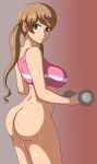  1girl alluring ass athletic_female bare_legs bikini bikini_top_only bra_only brown_hair dumbbell fit_female green_eyes gundam_tekketsu_no_orphans heart_shape_earrings lafter_frankland lafxia naked_from_the_waist_down sweat top_only working_out workout 