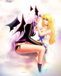 2_girls 2girls arm arms aurora_(artist) bare_shoulders bat_wings black_wings blonde_hair blue_eyes boots choker collarbone dress eye_contact female hand_on_face hands_on_face head_wings jacket legs lipstick long_hair looking_at_another love monster_girl multiple_girls panties purple_eyes purple_hair ribbon sad sitting strapless strapless_dress very_long_hair water wet white_dress wings yuri