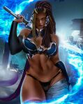 1girl alluring athletic_female bikini ebony female_abs fit_female frostyvector master_raven namco ninja tekken tekken_7 thighhigh_boots