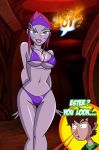 alien belly ben_10 ben_10:_omniverse ben_tennyson bikini breasts brown_hair cleavage ester_(ben_10) funny green_eyes grimphantom hair midriff navel nosebleed pink_hair purple_eyes purple_skin shiny shiny_skin short_hair smile surprise