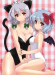  2_girls 2girls animal_ears arm arm_grab arm_support arms bare_legs bare_shoulders barefoot bat_wings big_breasts bikini blue_hair blush bow braid breast_press breasts cat_ears cat_tail cleavage collarbone erect_nipples female frottage grey_hair hair_bow hair_ornament hair_ribbon hugging izayoi_sakuya kemonomimi_mode kittysuit large_breasts leg_grab legs leotard maid maid_headdress mini_wings multiple_girls one-piece_swimsuit red_eyes remilia_scarlet ribbon ribbons sakuya_izayoi serious short_hair shy sibata silver_hair sitting small_breasts small_wings strapless swimsuit tail touhou twin_braids wariza wings yuri 