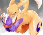  1_female 1girl 3_fingers angry anthro anthro_canine anthro_fox ass ass_up bent_over black_eyes blue_fur bound breasts canine detached_sleeves digimon female female_anthro female_anthro_fox female_only female_renamon fist fox fur gloves grey_background hanging_breasts looking_down mostly_nude nipples nude pink_skin plain_background pointy_ears purple_fur raised_arm raised_tail renamon rope shadow shiny solo standing sunibee sweat tail toei_animation vixen white_eyes white_fur white_nose yellow_fur yin_yang 