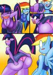 ass ass_expansion blue_fur blush bra closed_eyes clothing comic duo equine female friendship_is_magic furry hair horn horse inside large_ass library long_hair multicolored_hair my_little_pony open_mouth panties pegasus pony purple_eyes purple_fur purple_hair rainbow_dash_(mlp) rainbow_hair teeth twilight_sparkle_(mlp) underwear unicorn vale-city wings