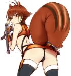  1girl animal_ears anime antenna_hair arc_system_works ass bare_shoulders black_gloves black_legwear black_panties blazblue blazblue:_continuum_shift blush breasts brown_eyes brown_hair cosplay fingerless_gloves gloves hentai looking_back makoto_nanaya minatsuki_randoseru orange_skirt panties pantyshot revealing_clothes short_hair simple_background skirt solo squirrel squirrel_ears squirrel_tail tail thighhighs thong tonfa underboob underwear upskirt weapon white_background 