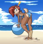 ass ball beach bikini blue_eyes bracelet breasts brown_fur butt chipmunk embarrassed female furry hair hedgehog jewelry red_hair rongs1234 sally_acorn sandals seaside sega side-tie_bikini sonic_(series) sonic_the_hedgehog surprise underboob