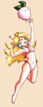  1girl 1girl 1girl bikini blonde_hair blue_eyes crown earrings female_only jumping lipstick long_hair mario_(series) navel neurithforge nintendo one_eye_closed pink_bikini pink_swimsuit plain_background princess_peach smile swimsuit turnip 