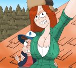 1boy 1girl arm_around_waist blue_sky breast_press brown_hair cleavage dipper_pines freckles gravity_falls hat huge_breasts light-skinned_female light_skin long_hair looking_at_another looking_at_viewer one_eye_closed outside red_hair selfpic smile smilesaidboredgirl teeth trees wendy_corduroy