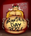  1boy 2021 anthro anthro_only arms_crossed big big_belly bowser chunky dad dad_bod dilf english_text fangs fat_man gut horns looking_down male male_focus male_only mario_(series) muscle noise overweight overweight_anthro overweight_male speech_bubble squintingboi stomach_bulge super_mario_bros. text tummy writing_on_body 