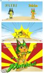 animal_crossing ankha anthro beach bikini black_eyes blue_hair breasts brown_eyes catgirl comic digital_media_(artwork) egyptian fan_character fanart freckles furry fusion green_hair jackintaro nintendo orange_body scepter tangy_(animal_crossing) yellow_fur