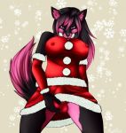 absurd_res anthro arm_warmers armwear breasts bulge canid canine clothed clothing cute dickgirl distracting_watermark fondling fox furry gynomorph hair hi_res holidays hyosube intersex knot long_hair looking_at_viewer mammal nipples original panties pink_eyes rafflone skimpy solo teasing testicles underwear watermark