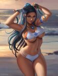  1girl abs alluring alternate_breast_size alternate_version_available alternative_body_build armpits artist_logo athletic_female beach_background big_breasts blue_and_black_hair blue_eyes breasts cleavage collar dark-skinned_female dark_skin deviantart earrings female_abs female_only fit fit_female flowerxl hair_bun hands_on_hair human human_only jewelry long_hair looking_at_viewer navel necklace nessa_(pokemon) nintendo outside pink_lipstick pokemon pokemon_ss pokemon_trainer shirt shorts standing sunset tank_top text thick_thighs thigh_gap thighs under_boob url watermark white_panties wide_hips 