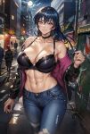 1girl alluring athletic_female big_breasts bra casual_clothes cleavage curvaceous curvy_female curvy_figure female_abs female_focus female_only fit_female igawa_asagi jeans kunoichi long_hair looking_at_viewer open_jacket seductive seductive_look shiromi_(artist) taimanin_(series) taimanin_asagi voluptuous voluptuous_female