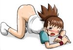 1girl ass blush bottomless digimon digimon_tamers embarrassed female makino_ruki rika_nonaka solo sweat tears top-down_bottom-up wink