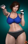 1girl alluring athletic_female brown_eyes brown_hair female_abs fingerless_gloves fit_female gym_shorts kazama_asuka namco sports_bra tekken tekken_7 tekken_tag_tournament_2 workout_clothes