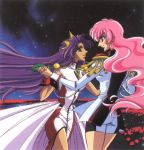  2girls anthy_himemiya art blue_eyes dark-skinned_female dark_skin eye_contact female female/female green_eyes hand_holding himemiya_anthy long_hair love multiple_girls pink_hair purple_hair revolutionary_girl_utena shoujo_kakumei_utena tagme tenjou_utena utena_tenjou yuri 