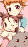  2girls blush brown_eyes brown_hair digimon digimon_tamers female hug hug_from_behind kurot li_shaochung lopmon lowres makino_ruki multiple_girls orange_hair purple_eyes raglan_sleeves ri_shuichon rika_nonaka short_twintails twintails violet_eyes wink 