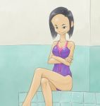 big_breasts black_eyes black_hair breasts code_lyoko dice-k hair one-piece_swimsuit smile solo swimsuit wet yumi_ishiyama