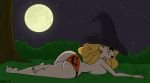  blonde_hair breasts dexter&#039;s_laboratory ear_piercing earrings full_moon halloween hat jack_o_lantern_print jewelry long_hair looking_back piercings replacements_sisters solo topless zoda-x_(artist) 